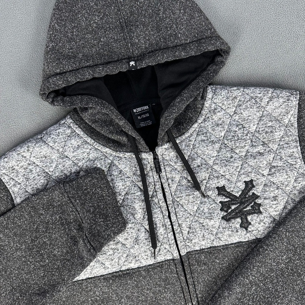 Zoo York Hoodie Jacket Mens XL Grey Quilted Embroidered Logo Y2K Skate Skater